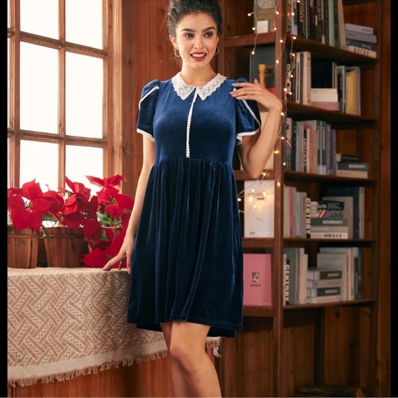 ModCloth Victorian Whisper Lace Collar Dress Blue Velvet - Picture 1 of 7